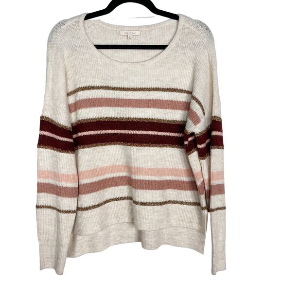 New Skies Are Blue Large L Cream Red Pink Cozy Striped Sweater Round Neck - Picture 1 of 11